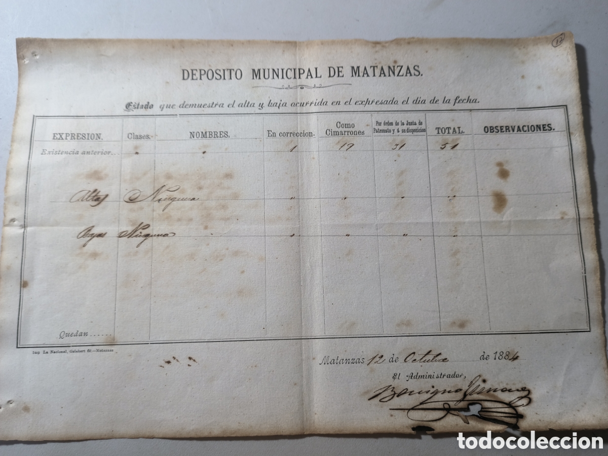 Manuscritos antiguos: Cuba espa&ntilde;ola,parte diario dep&oacute;sito municipal cimarrones matanzas,a&ntilde;o 1884