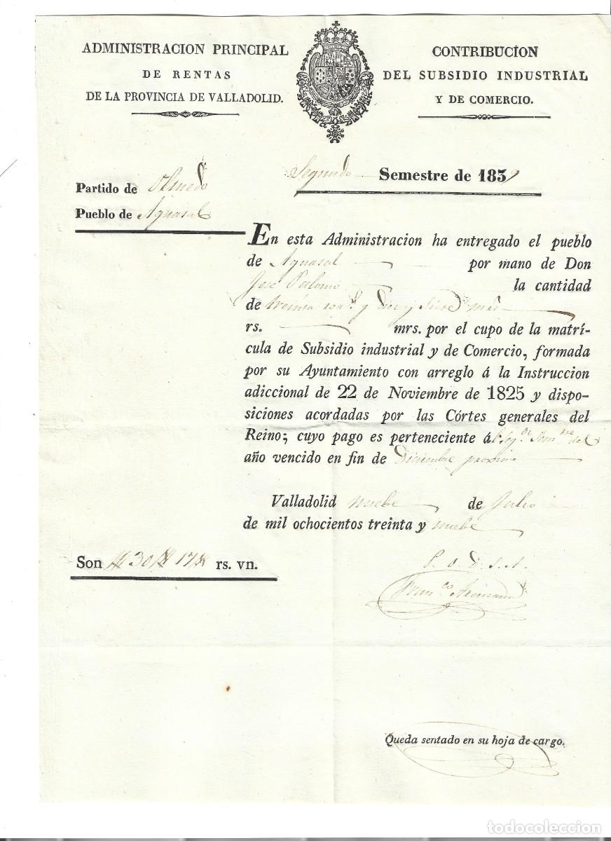 Manuscritos antiguos: 1839 documento manuscrito Recibo Contribuci&oacute;n Subsidio Industria y Comercio Valladolid LEER