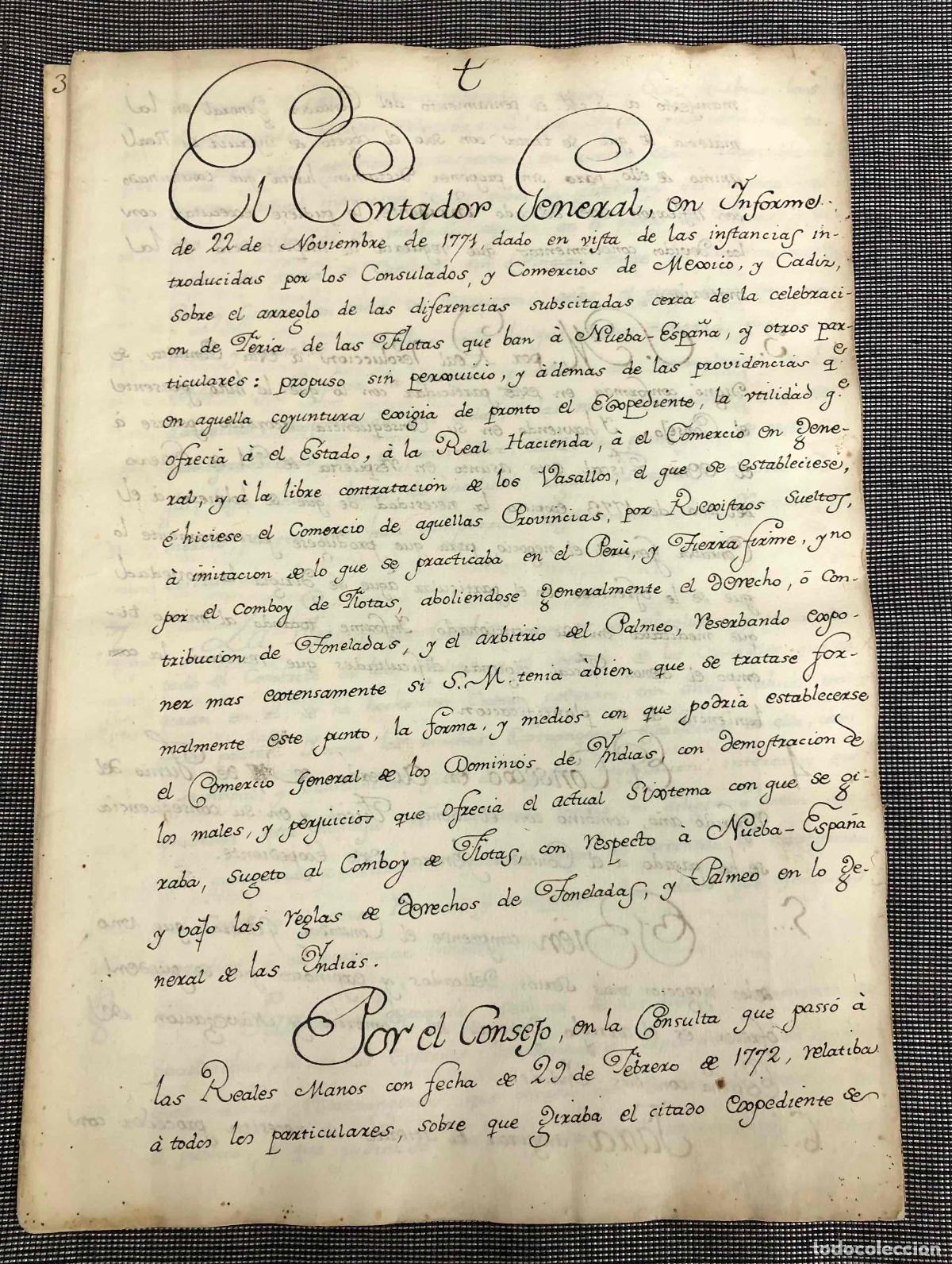 Manuscritos antiguos: Informes Comercio M&eacute;xico del 22 de noviembre de 1771. MUY INTERESANTE