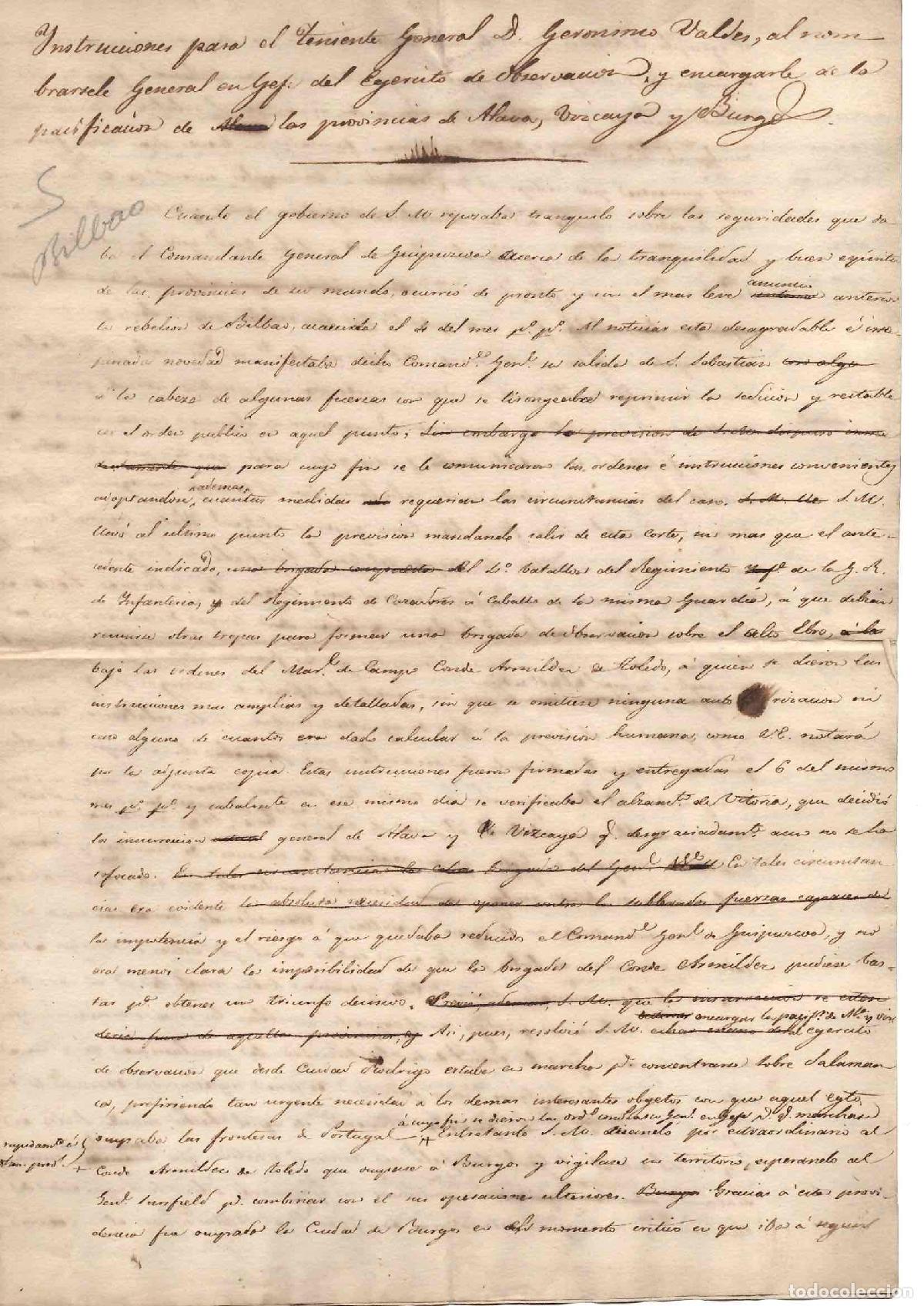 Manuscritos antiguos: INSTRUCCIONES PARA EL TTE. GRAL GERONIMO VALDES, JEFE DE LAS PROV. ALAVA, VIZCAYA Y BURGOS. CARLISMO