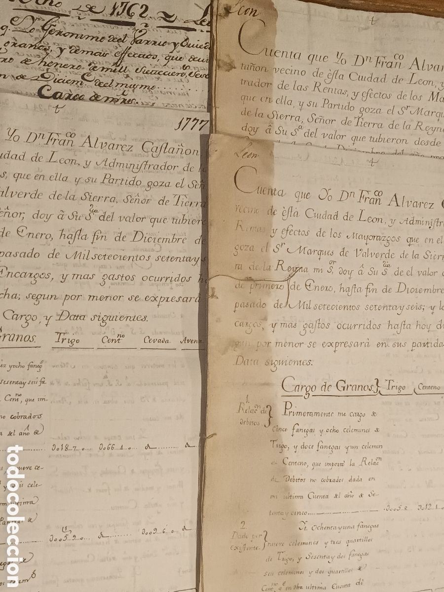 Manuscritos antiguos: LOTE 4 MANUSCRITOS LE&Oacute;N- CUENTAS DE ADMINISTRACI&Oacute;N Y RENTAS 1762-1776- 1777 MARQU&Eacute;S DE VALVERDE.
