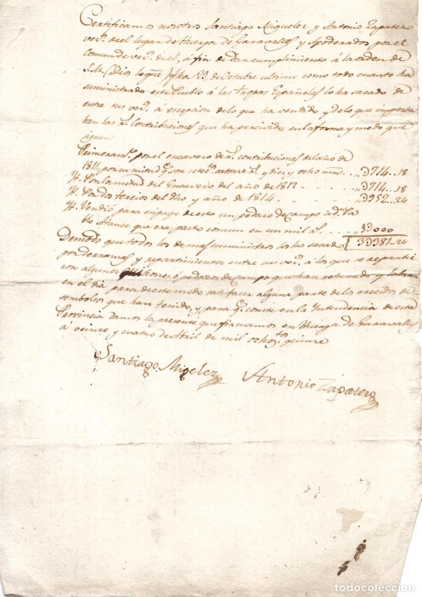Manuscritos antiguos: LISTADO DE CONTRIBUCIONES A LAS TROPAS ESPA&Ntilde;OLAS POBLACION HUERGA DE GARABALLES LEON 1815