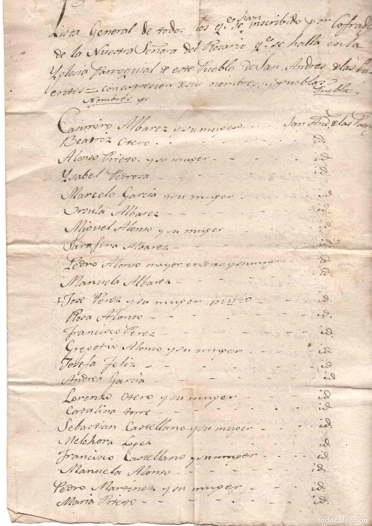 Manuscritos antiguos: LISTA DE LOS INSCRITOS EN LA COFRADIA NTRA. SRA. DEL ROSARIO, SAN ANDRES DE LAS PUENTES 1832