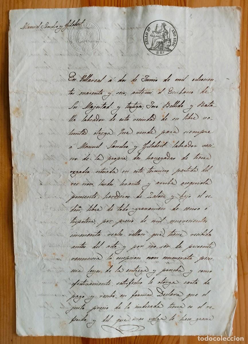 Manuscritos antiguos: VILLARREAL (CASTELL&Oacute;N) A&Ntilde;O 1846 - SELLO 2&ordm; 8 REALES - VENTA TIERRAS