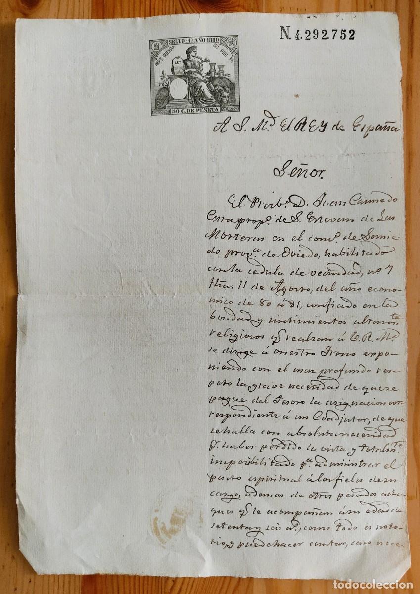 Manuscritos antiguos: SAN ESTEBAN DE LAS MORTERAS (OVIEDO) A&Ntilde;O 1880 - SELLO 11&ordm; 50 CENT. - CARTA AL REY PARA UN CUADJUTOR