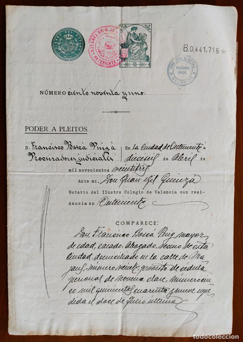 Manuscritos antiguos: ONTENIENTE (VALENCIA) A&Ntilde;O 1923 - SELLO 5&ordf; CLASE 5 PESETAS - PODER A PLEITOS