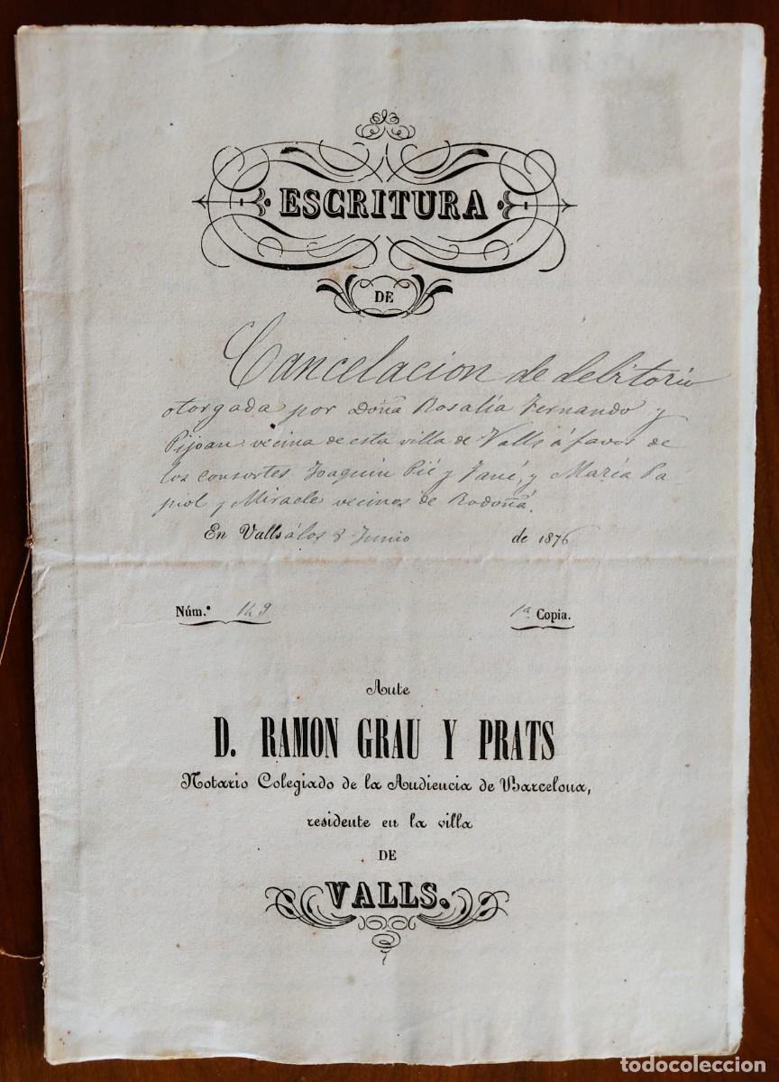 Manuscritos antiguos: VALLS (TARRAGONA) A&Ntilde;O 1876 - SELLO 6&ordm; 4 PESETAS - CANCELACI&Oacute;N DE DEBITORIO