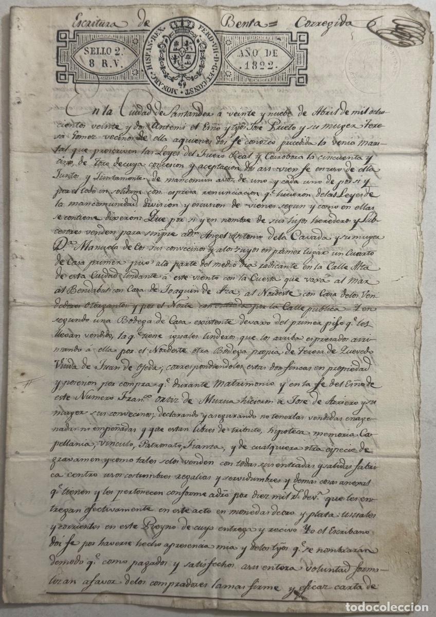 Manuscritos antiguos: ESCRITURA NOTARIAL DE VENTA FECHADA EN SANTANDER CON SELLO OFICIAL Y FIRMA DEL ESCRIBANO - A&Ntilde;O 1822