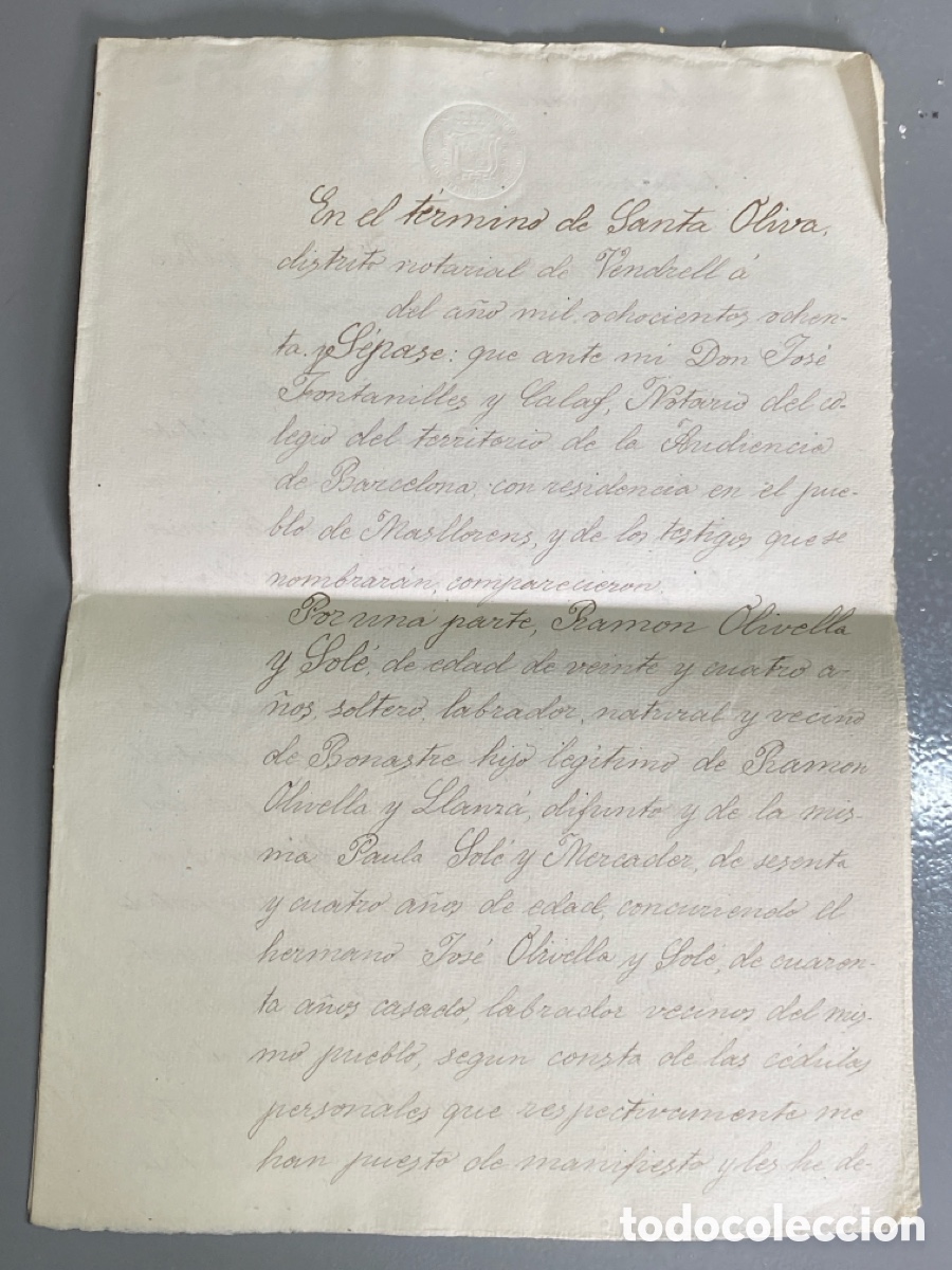 Manuscritos antiguos: 1890 Temino Santa Oliva Vendrell Bonastre Ronda de Bar&aacute; Capitulos Matrimoniales dote