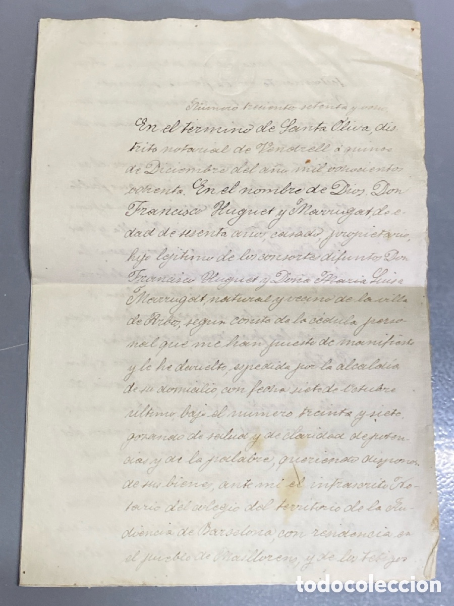Manuscritos antiguos: 1880 Temino Santa Oliva Vendrell Villa de Arb&oacute;s Testador Huget y Marrugat