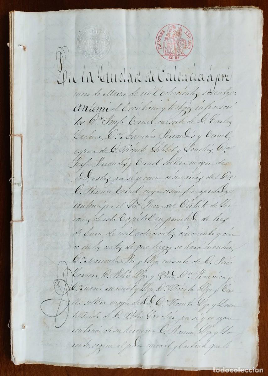 Manuscritos antiguos: VALENCIA A&Ntilde;O 1860 - 2 SELLO ILUSTRES 60 REALES Y 8 SELLO 4&ordm; 40 MARVED&Iacute;S - HERENCIAS Y BIENES