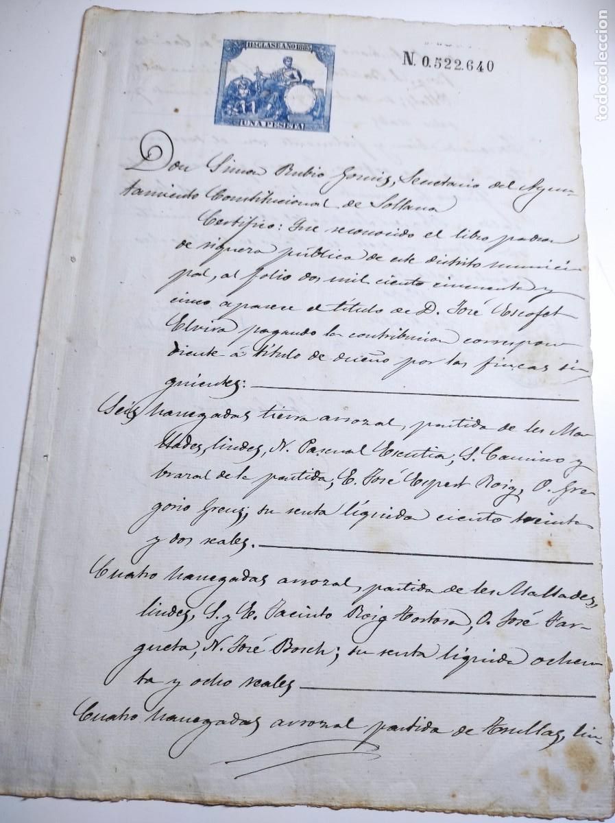 Manuscritos antiguos: SOLLANA (VALENCIA) A&Ntilde;O 1883 - SELLO 11&ordf; CLASE DE UNA PESETA - CERTIFICADO TITULARIDAD FINCAS