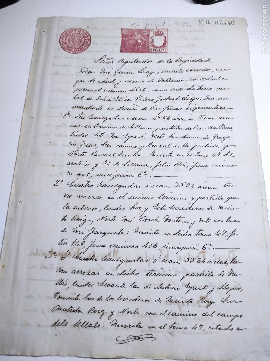 Manuscritos antiguos: SOLLANA (VALENCIA) A&Ntilde;O 1900 - SELLO 10&ordf; CLASE DE DOS PESETAS - REGISTRO PROPIEDAD VARIAS FINCAS
