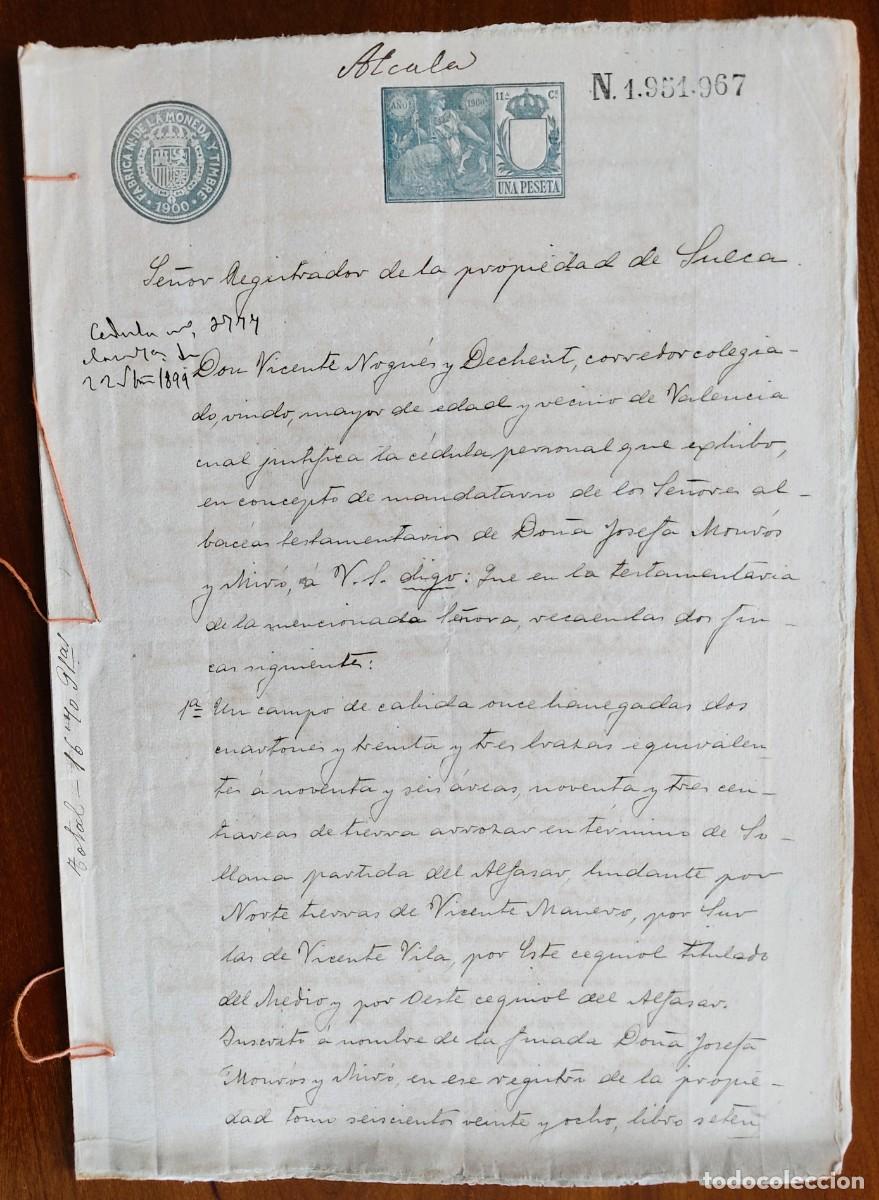 Manuscritos antiguos: SOLLANA (VALENCIA) A&Ntilde;O 1900 - SELLO 10&ordf; CLASE 2 PESETAS Y SELLO 11&ordf; CLASE 1 PESETA - REGISTRO FINCAS