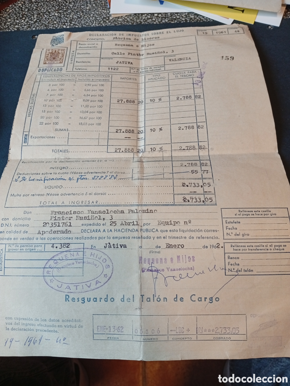 Manuscritos antiguos: Declaraci&oacute;n de impuestos sobre el lujo, J&aacute;tiva 1961