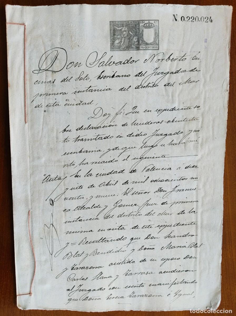Manuscritos antiguos: VALENCIA A&Ntilde;O 1899 - 2 SELLO 13&ordf; 75 C&Eacute;NTIMOS - RENUNCIA HERENCIA FRAILE A FAVOR HERMANA