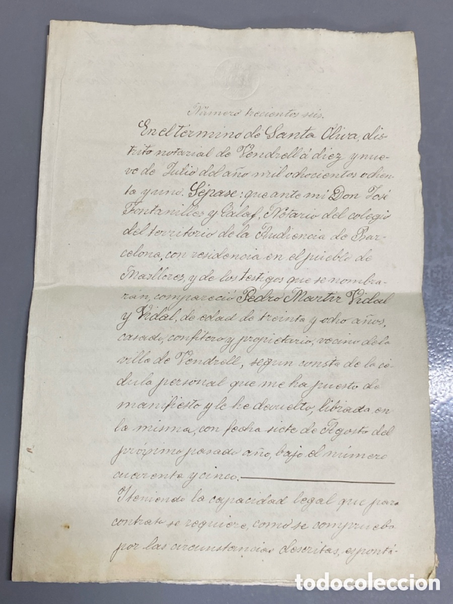 Manuscritos antiguos: 1881 Termino Santa Oliva Vendrell M&aacute;rtir Vidal Carta de pago Prestamistas casa tierras olivos vi&ntilde;as