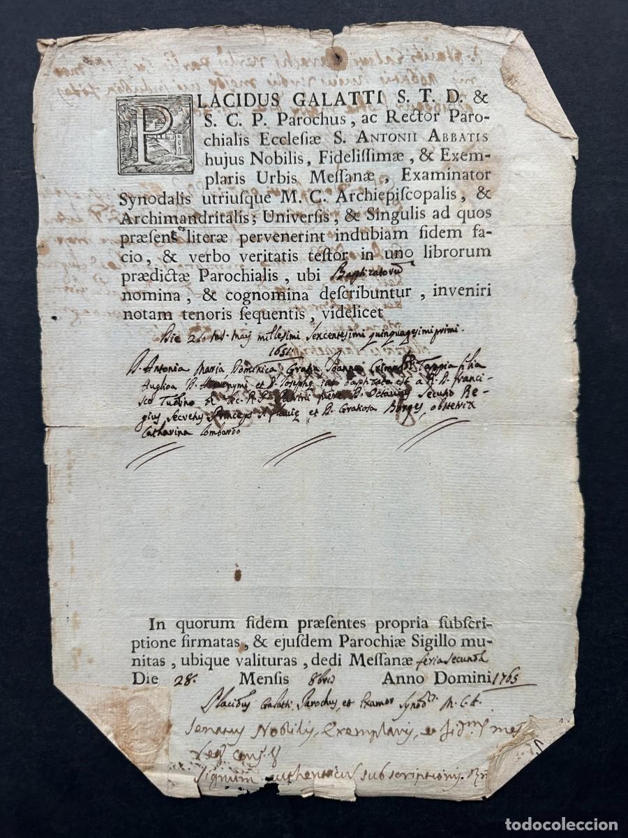 Manuscritos antiguos: A&Ntilde;O 1765 - PARTIDA DE BAUTISMO DE UNA NOBLE EN MESSINA - SELLO REPUBLICA DE GENOVA