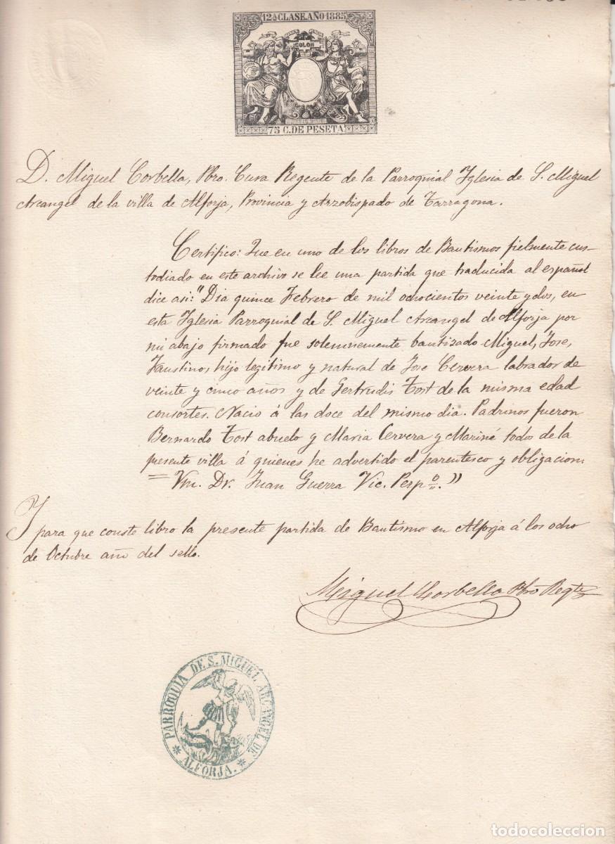 Manuscritos antiguos: 1885 FISCAL- PAPEL SELLADO CON TIMBRE DE 75 CTS. SELLO DE LA PARROQUIA DE SAN MIGUEL A. EN ALFORJA