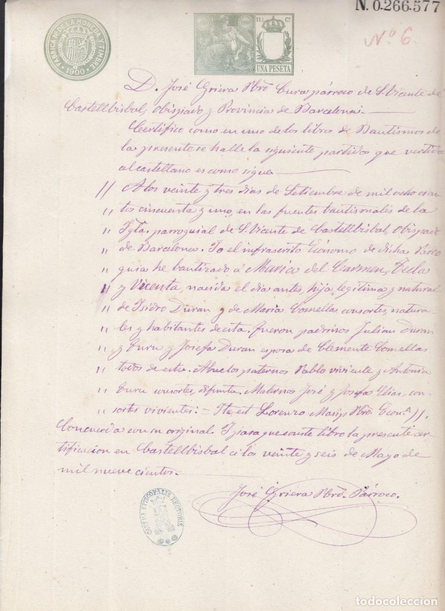 Manuscritos antiguos: 1900 FISCAL- PAPEL SELLADO CON TIMBRE DE 1 PESETA - CERTIFICADO DEL CURA PARROCO DE CASTELLBISBAL