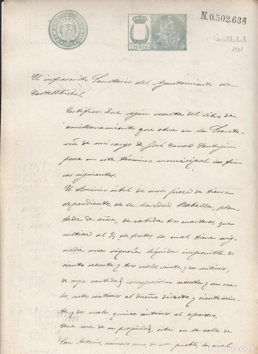 Manuscritos antiguos: 1901 FISCAL- PAPEL SELLADO CON TIMBRE DE 2 PESETAS - CERTIFICADO DEL AYUNTAMIENTO DE CASTELLBISBAL