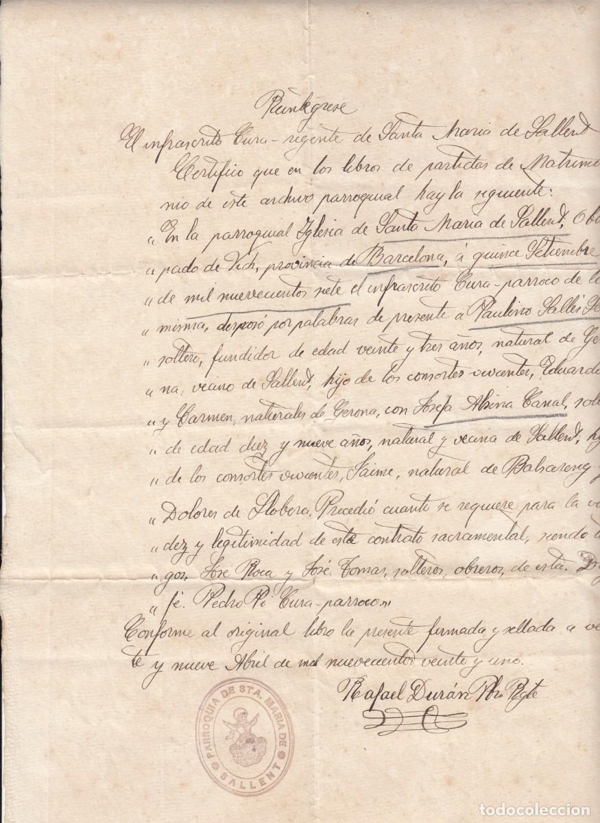 Manuscritos antiguos: 1921 MANUSCRITO - CERTIFICADO DEL CURA P&Aacute;RROCO DE SALLENT CON SELLO DE LA PARROQUIA