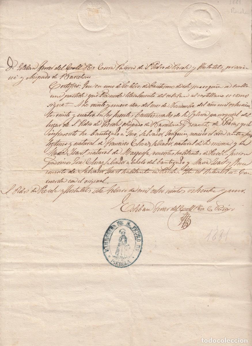 Manuscritos antiguos: 1881 MANUSCRITO - CERTIFICADO DEL CURA P&Aacute;RROCO DE PIER&Oacute;LA CON SELLO DE LA PARROQUIA