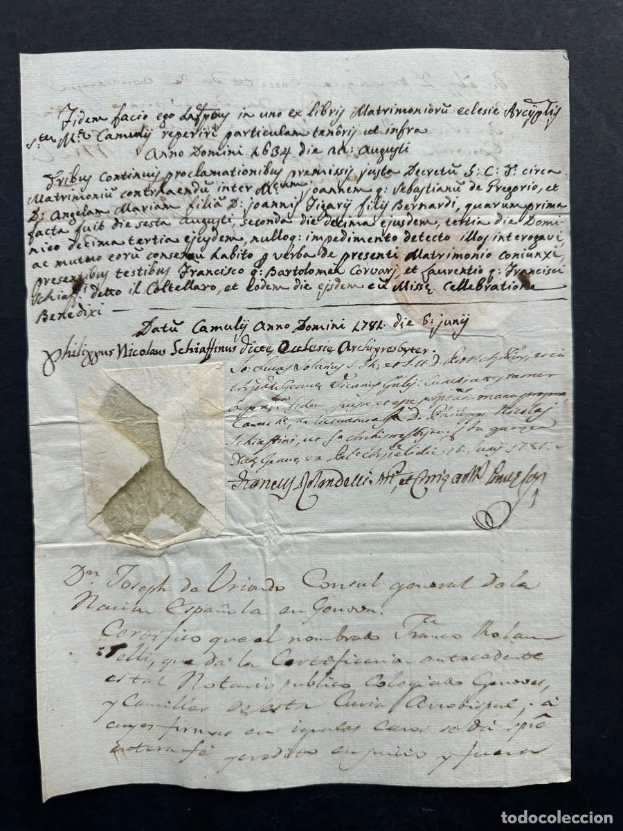 Manuscritos antiguos: a&ntilde;o 1781 - CERTIFICATORIA DEL CONSUL ESPA&Ntilde;OL EN GENOVA SOBRE EL MATRIMONIO DE SEBASTIAN DE GREGORIO