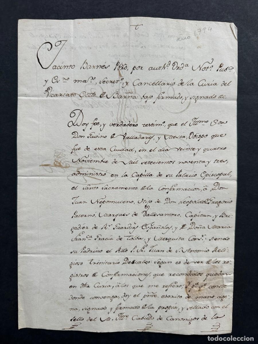 Manuscritos antiguos: 1793 - MARQUES DE VALLE SANTORO - CONFIRMACI&Oacute;N EN LA CAPILLA DEL PALACIO EPISCOPAL DE BARCELONA -