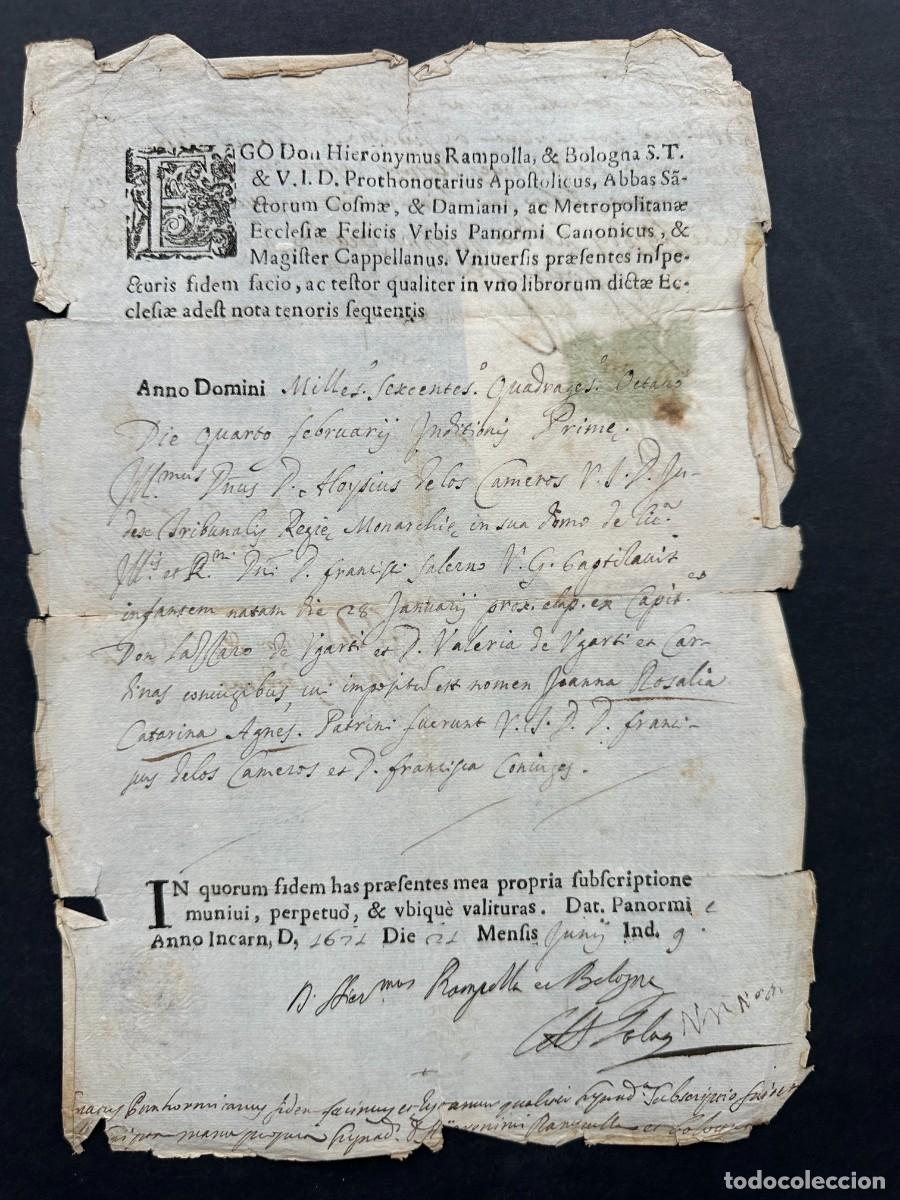 Manuscritos antiguos: A&Ntilde;O 1671 - BAUTIZO EN PANORMO DE LA HIJA DEL CAPITAN LAZARO DE UGARTE -
