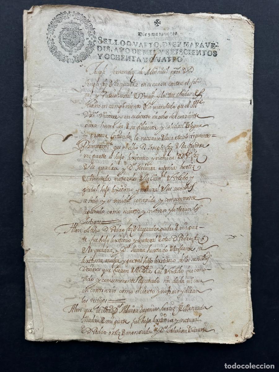 Manuscritos antiguos: a&ntilde;o 1684 - LIMPIEZA DE SANGRE DE JOS&Eacute; FERNANDEZ DE LA QUADRA PARA ASIENTO EN CORTES - TOLEDO
