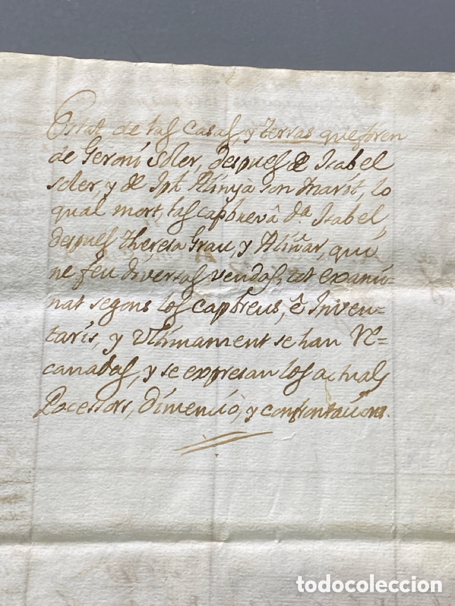 Manuscritos antiguos: Documento manuscrito Inventario Casas Tierras.. apellidos Soler Alinyar Grau siglos XVII y XVIII