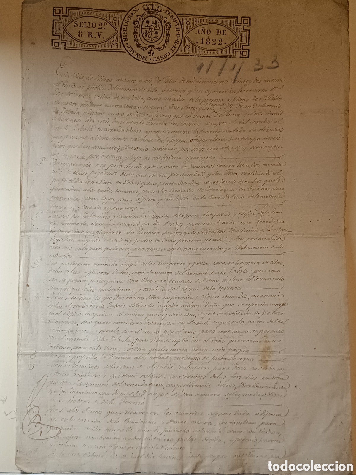 Manuscritos antiguos: 1822 MANUSCRITO. ARRENDAMIENTO DE LA FERRER&Iacute;A DE ARZUBIA, DIMA VIZCAYA BILBAO