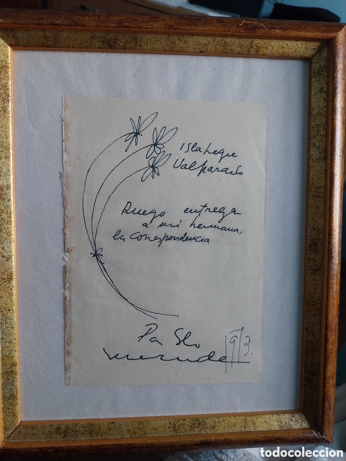 Manuscritos antiguos: Manuscrito original con dibujo d Pablo Neruda en el a&ntilde;o d su fallecimiento.