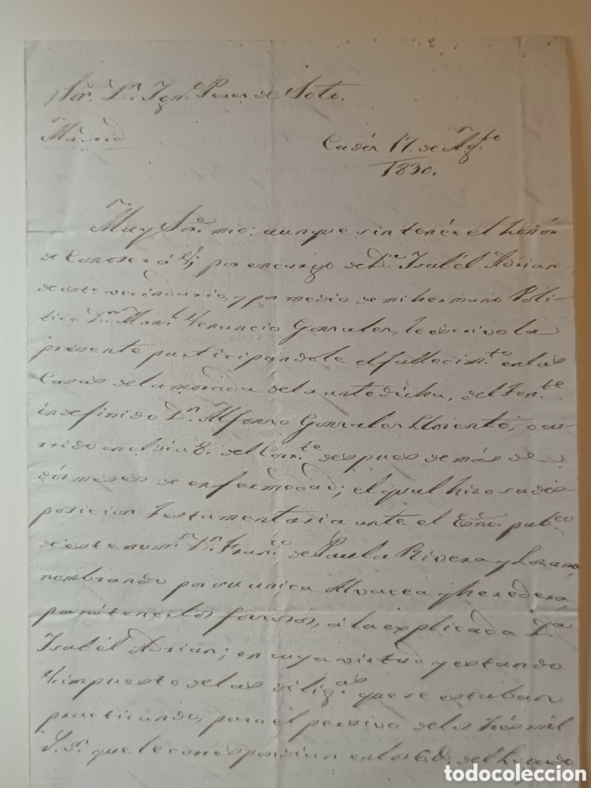 Manuscritos antiguos: 1830 CARTA MANUSCRITA C&Aacute;DIZ A IGNACIO P&Eacute;REZ DE SOTO. HERENCIA MILITAR TRINIDAD DE CUBA BLAS LAMOTA
