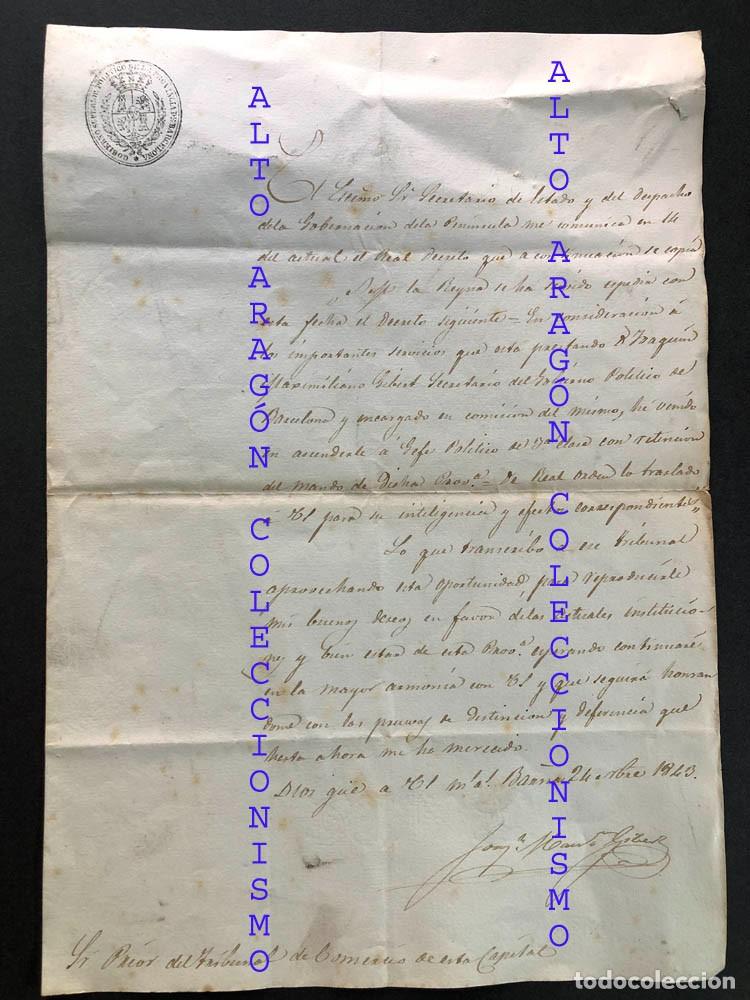 Manuscritos antiguos: NOMBRAMIENTO JEFE POL&Iacute;TICO DE BARCELONA / JOAQU&Iacute;N MAXIMILIANO GIBERT - 1843 / REVOLUCI&Oacute;N PROGRESISTA
