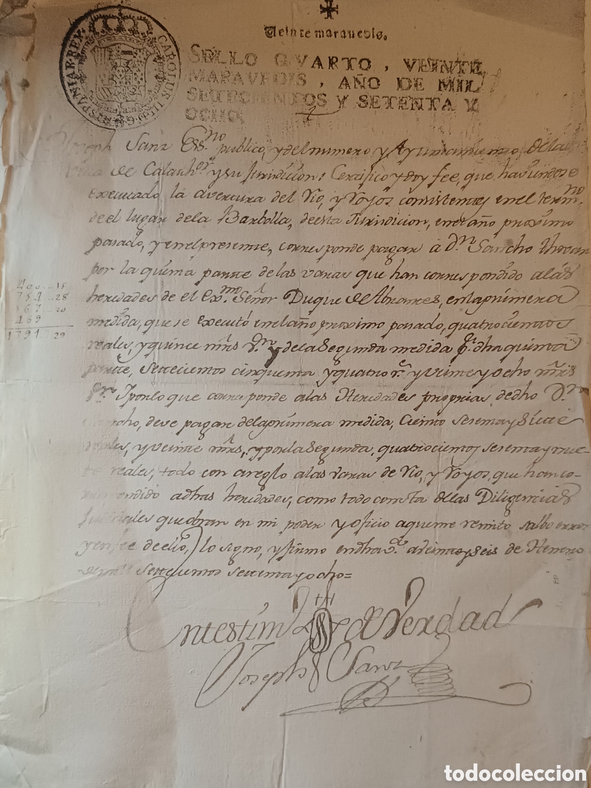 Manuscritos antiguos: MANUSCRITO 1778 CALAHORRA (LA RIOJA) GESTI&Oacute;N DE AGUAS/RIEGOS DUQUE DE ABRANTES SELLO CARLOS III