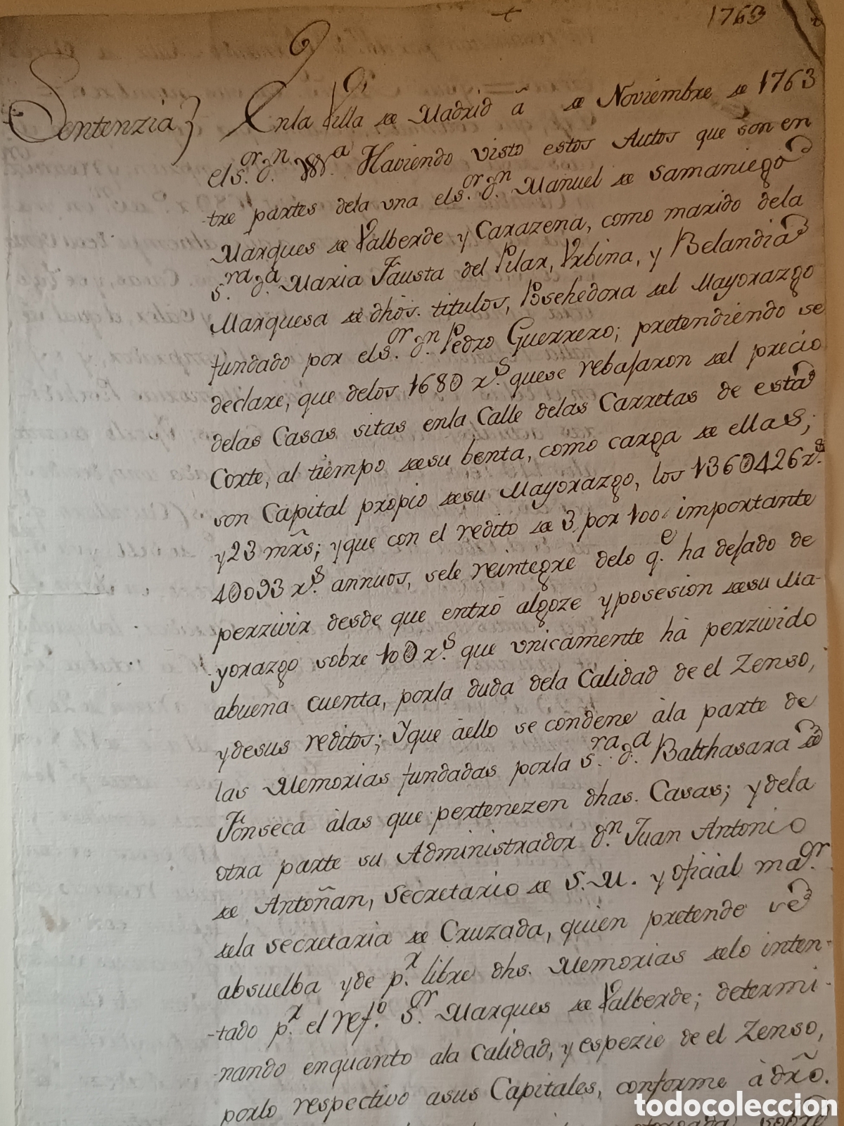 Manuscritos antiguos: MANUSCRITO 1763. SENTENCIA JUDICIAL MADRID. MARQUESES DE VALVERDE Y CARACENA. CALLE CARRETAS