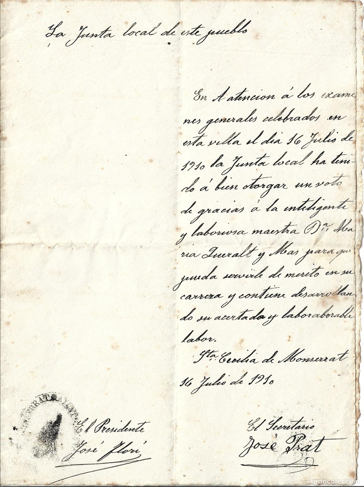 Manuscritos antiguos: MARGANELL-STA CECILIA DE MONTSERRAT-CARTA RECOMENDACION DE LA JUNTA LOCAL DE ESTE PUEBLO-1910