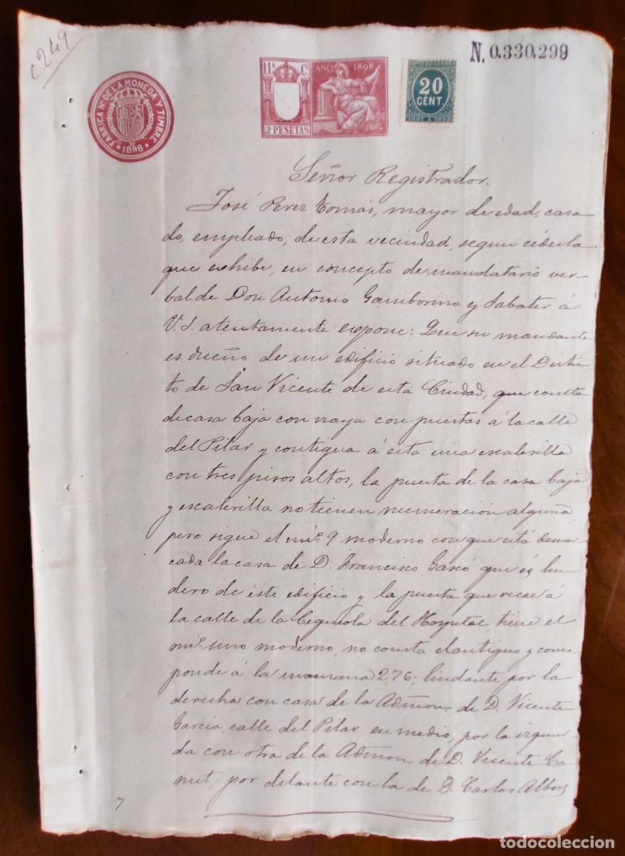 Manuscritos antiguos: VALENCIA A&Ntilde;O 1898 - SELLO 11&ordf; CLASE 2 PESETAS - CERTIFICADO PROPIEDAD CASA CALLE PILAR VALENCIA