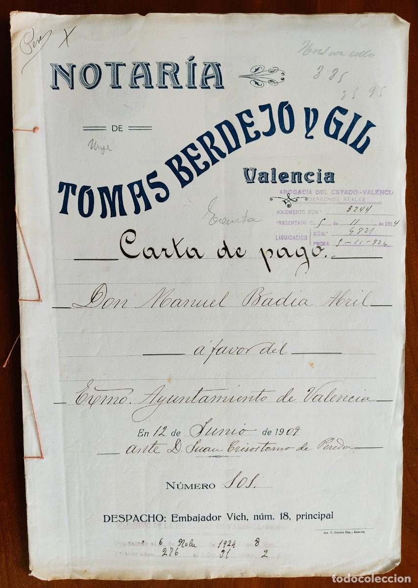 Manuscritos antiguos: VALENCIA A&Ntilde;O 1909 - SELLO 3&ordf; CLASE 25 PESETAS Y (2) SELLO 8&ordf; CLASE 1 PTA CARTA PAGO CASA CALLE PILAR