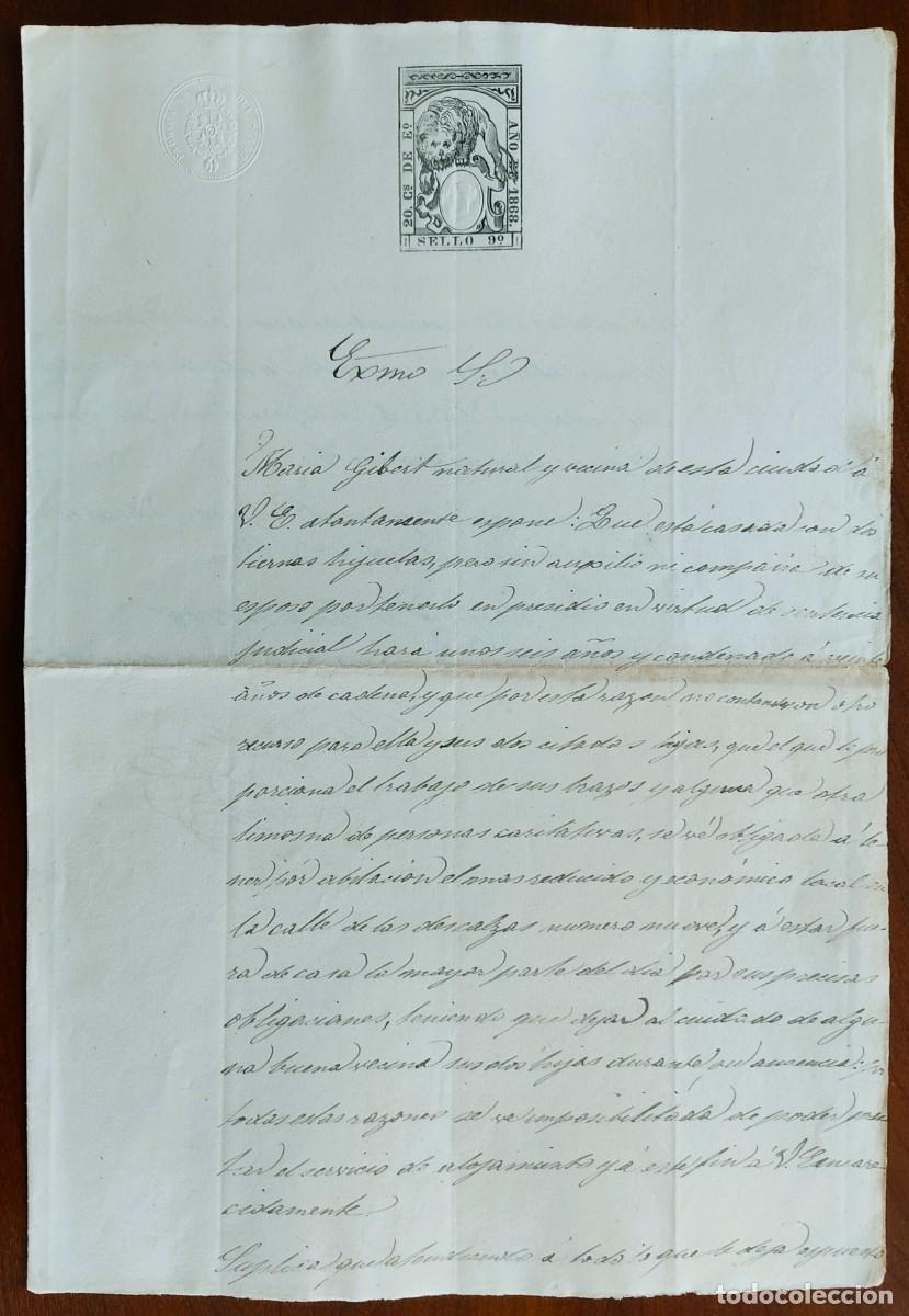 Manuscritos antiguos: TARRAGONA A&Ntilde;O 1868 - SELLO 9&ordm; 20 C. DE ESCUDO - ESCRITO DIRIGIDO AL ALCALDE POR TRISTE SITUACI&Oacute;N