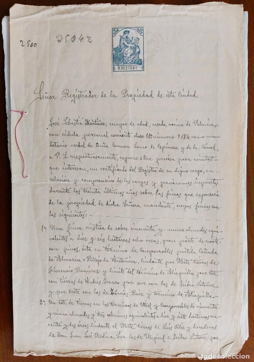 Manuscritos antiguos: REQUENA (VALENCIA) A&Ntilde;O 1929 - SELLO 8&ordf; CLASE 1,20 PTA. Y OTROS - CERTIFICADO CARGAS TIERRAS UTIEL