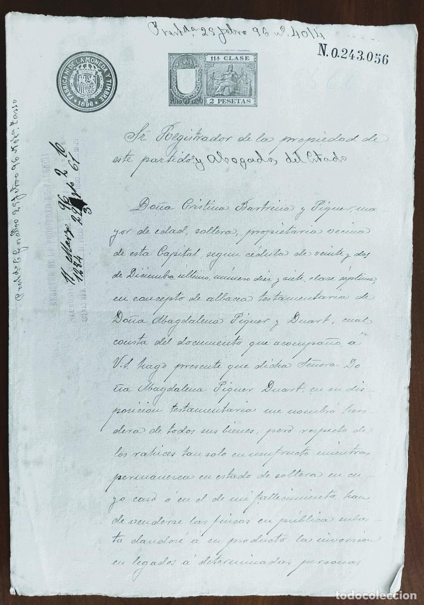 Manuscritos antiguos: VALENCIA A&Ntilde;O 1896 - SELLO 11&ordf; CLASE 2 PESETAS - EXPROPIACI&Oacute;N CASA AMPLIACI&Oacute;N CALLE LA PAZ