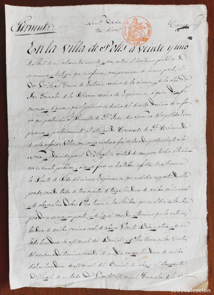 Manuscritos antiguos: POTES (CANTABRIA) A&Ntilde;O 1862 - SELLO 8&ordm; 4 REALES - PERMUTA CON TIERRAS DE ESPINAMA