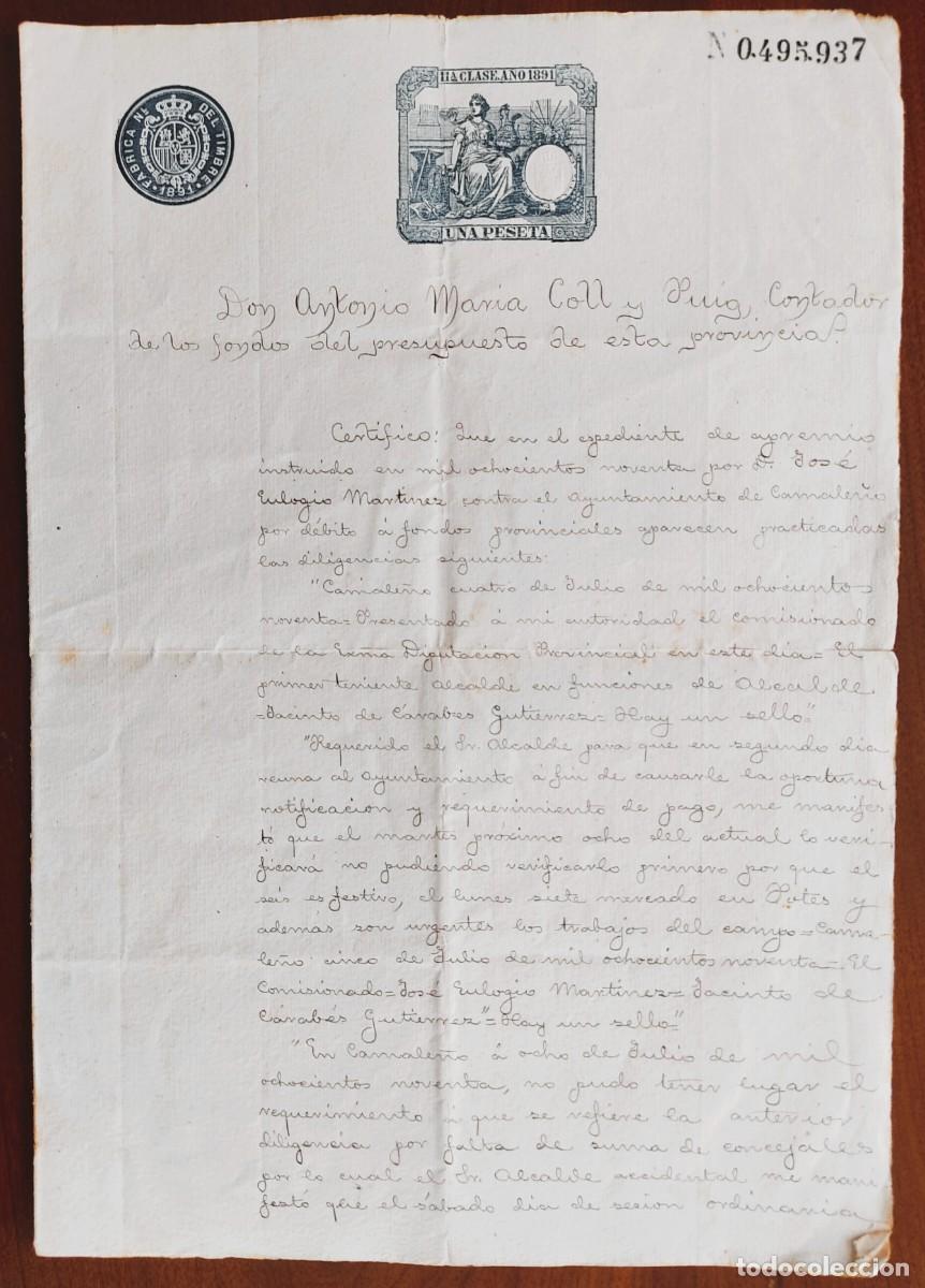 Manuscritos antiguos: CAMALE&Ntilde;O (CANTABRIA) A&Ntilde;O 1891 - SELLO 11&ordf; CLASE UNA PESETA - CERTIFICADO APREMIO AL AYUNTAMIENTO