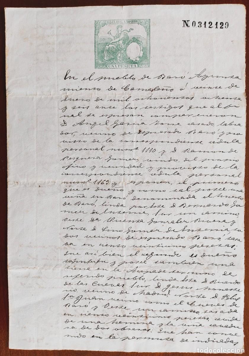 Manuscritos antiguos: CAMALE&Ntilde;O (CANTABRIA) A&Ntilde;O 1886 - SELLO 11&ordf; CLASE UNA PESETA - TEMA TIERRAS