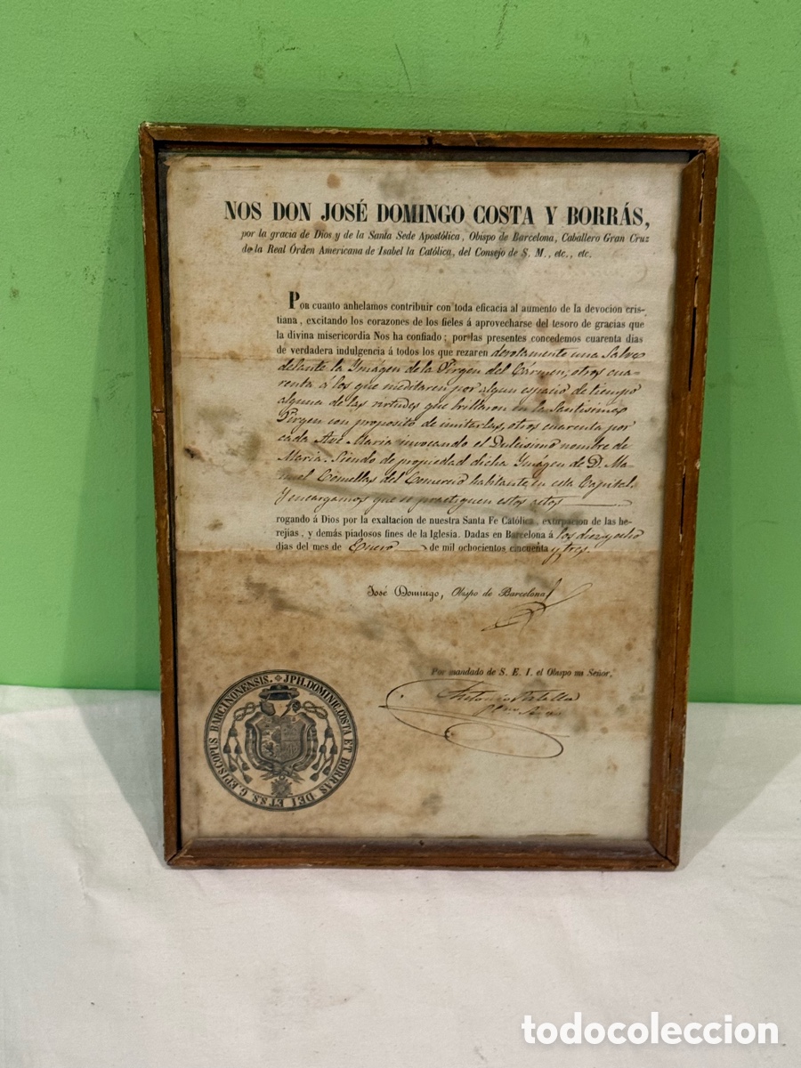 Manuscritos antiguos: Antigua Fotograf&iacute;a Religiosa Original con Certificado Episcopal Jos&eacute; Domingo Costa y Borr&aacute;s 1853