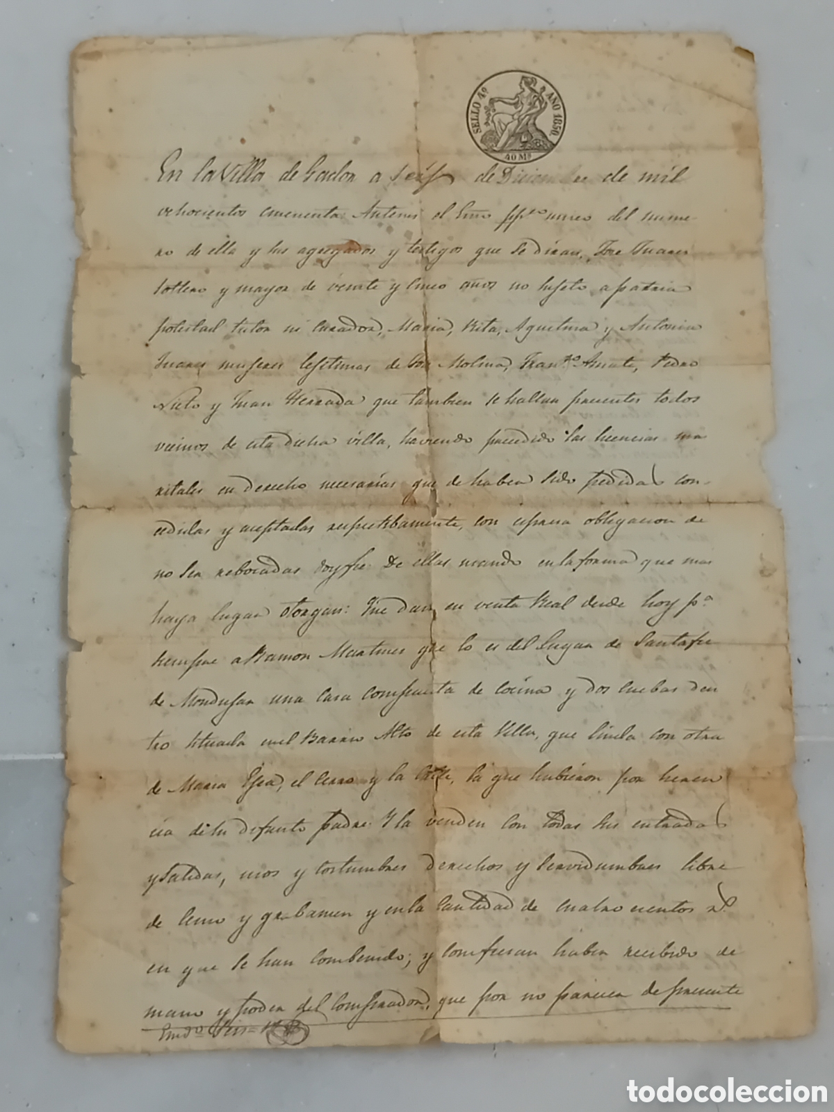 Manuscritos antiguos: DOCUMENTO MANUSCRITO A&Ntilde;O 1850 VILLA DE GADOR ALMERIA CON SELLO DE 40 MARAVIDES