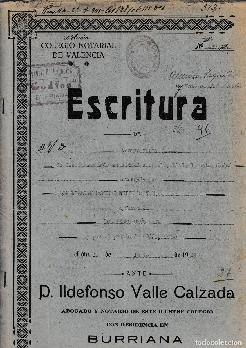 Manuscritos antiguos: 1929 BURRIANA SELLO FISCAL 3&ordm; 30 PS VENTA CASAS WILLIAN LAMBERT WHITE DALTON A PEDRO ORTS